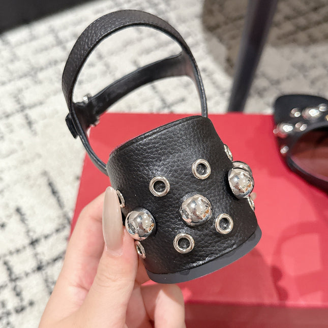 VLTN STUDDED BLOCK HEEL SANDALS 25S 60 MM IN BLACK LAMBSKIN