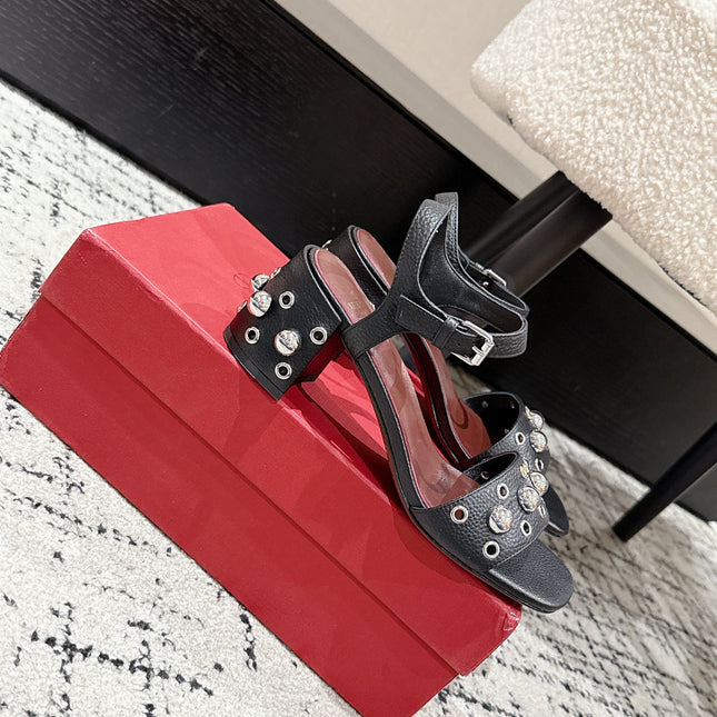 VLTN STUDDED BLOCK HEEL SANDALS 25S 60 MM IN BLACK LAMBSKIN