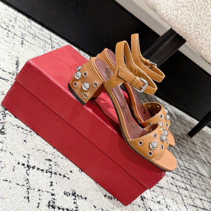 VLTN STUDDED BLOCK HEEL SANDALS 25S 60 MM IN BROWN LAMBSKIN