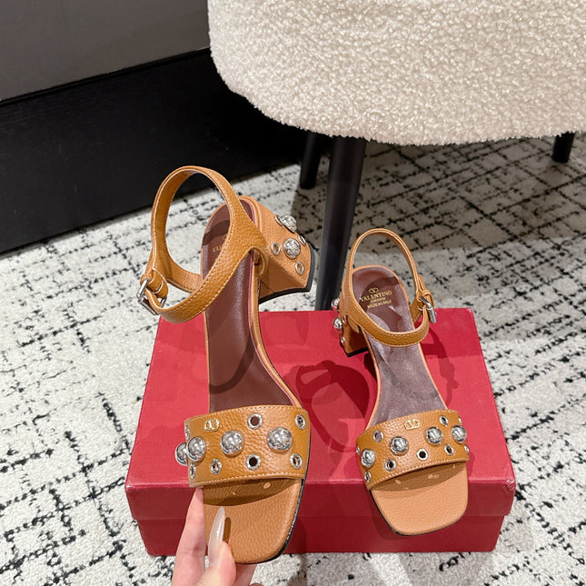 VLTN STUDDED BLOCK HEEL SANDALS 25S 60 MM IN BROWN LAMBSKIN