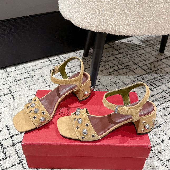 VLTN STUDDED BLOCK HEEL SANDALS 25S 60 MM IN LIGHT BROWN SUEDE