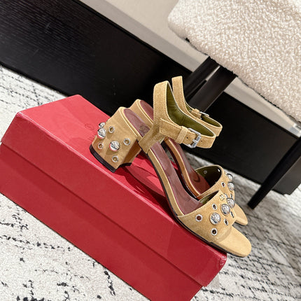 VLTN STUDDED BLOCK HEEL SANDALS 25S 60 MM IN LIGHT BROWN SUEDE
