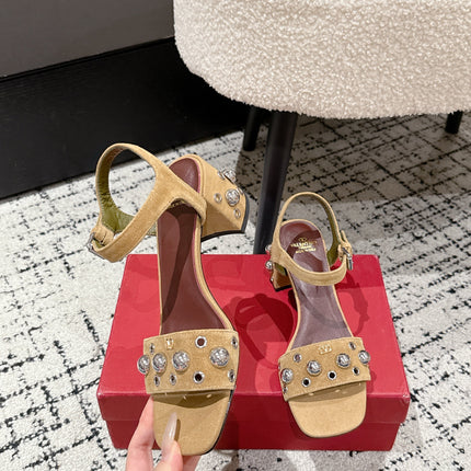 VLTN STUDDED BLOCK HEEL SANDALS 25S 60 MM IN LIGHT BROWN SUEDE