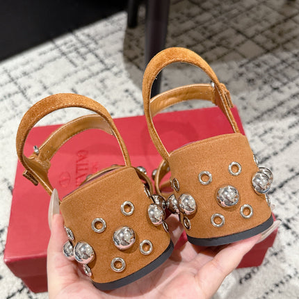 VLTN STUDDED BLOCK HEEL SANDALS 25S 60 MM IN BROWN SUEDE