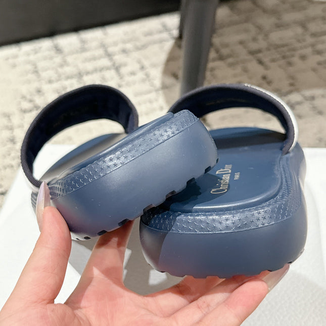 DIOR SLIDES 25S IN DUSTY NAVY BLUE LAMBSKIN AND FABIRC WITH BRAND LOGO STYLE 2