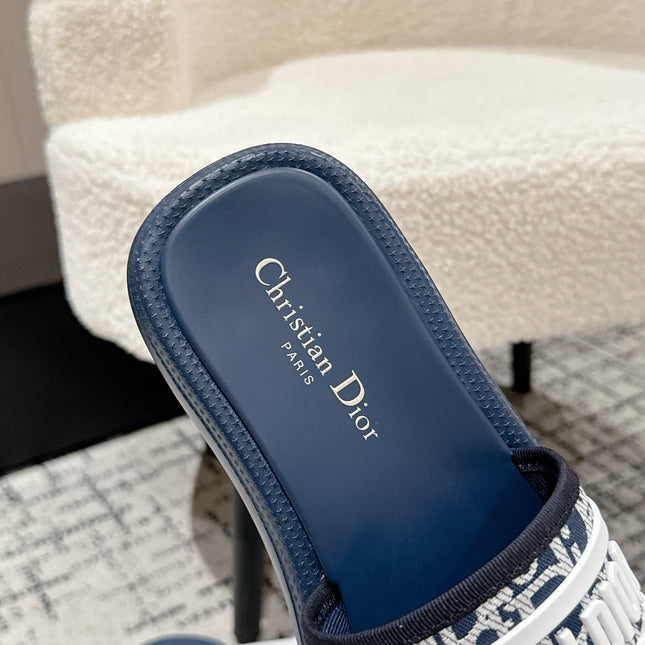 DIOR SLIDES 25S IN DUSTY NAVY BLUE LAMBSKIN AND FABIRC WITH BRAND LOGO STYLE 2