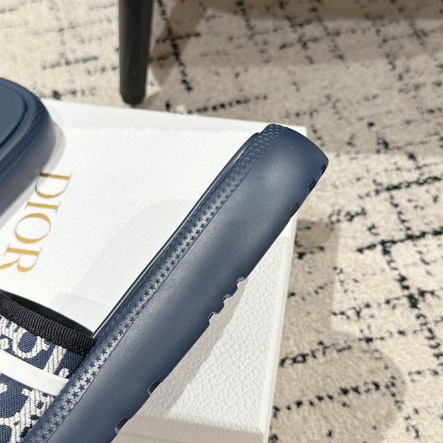 DIOR SLIDES 25S IN DUSTY NAVY BLUE LAMBSKIN AND FABIRC WITH BRAND LOGO STYLE 2