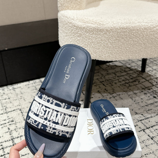 DIOR SLIDES 25S IN DUSTY NAVY BLUE LAMBSKIN AND FABIRC WITH BRAND LOGO STYLE 2