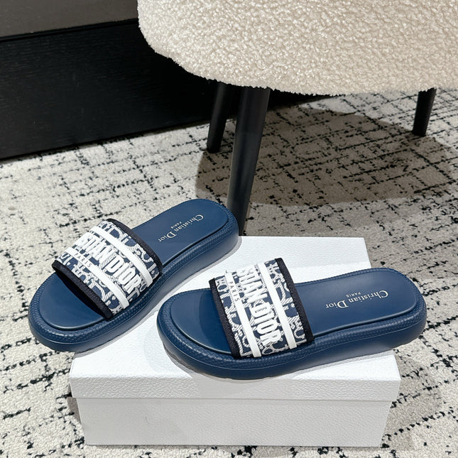 DIOR SLIDES 25S IN DUSTY NAVY BLUE LAMBSKIN AND FABIRC WITH BRAND LOGO STYLE 2