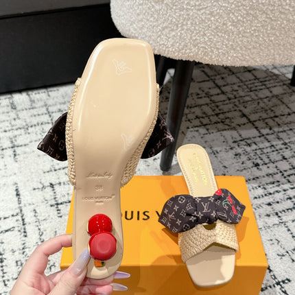 LV CHERRY HIGH HEELS 25S IN BEIGE RAFFIA WITH BOW STYLE 13
