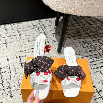 LV CHERRY HIGH HEELS 25S IN WHITE CALFSKIN WITH BOW STYLE 9