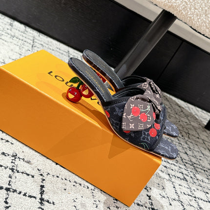 LV CHERRY HIGH HEELS 25S IN NAVY BLUE DENIM WITH BOW STYLE 2