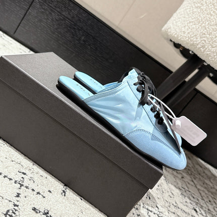 PRADA 25S DEXUN MULE IN LIGHT BLUE SUEDE LEATHER