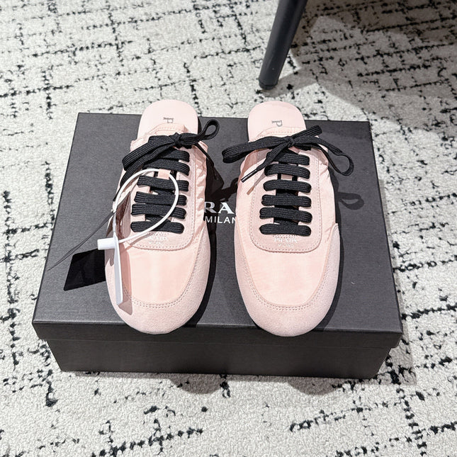 PRADA 25S DEXUN MULE IN LIGHT PINK SUEDE LEATHER