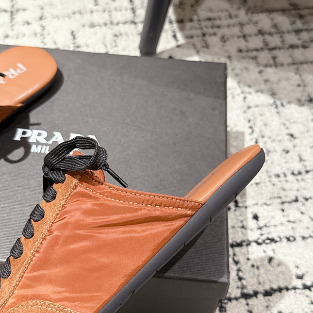 PRADA 25S DEXUN MULE IN BURNT ORANGE SUEDE LEATHER