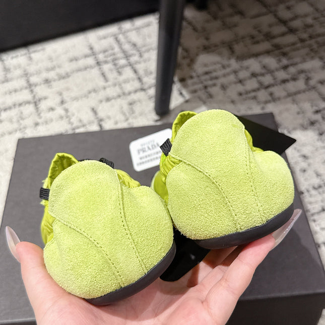 PRADA 25S COLLAPSE SNEAKERS IN LIME GREEN RE NYLON AND SUEDE