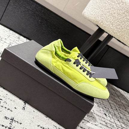 PRADA 25S COLLAPSE SNEAKERS IN LIME GREEN RE NYLON AND SUEDE