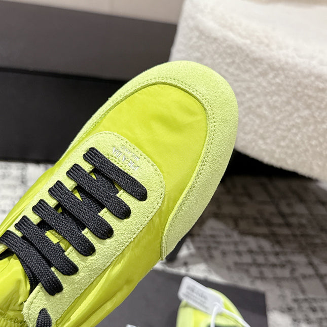 PRADA 25S COLLAPSE SNEAKERS IN LIME GREEN RE NYLON AND SUEDE