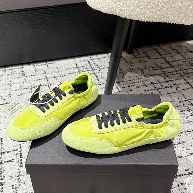 PRADA 25S COLLAPSE SNEAKERS IN LIME GREEN RE NYLON AND SUEDE