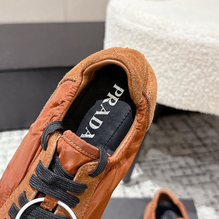 PRADA 25S COLLAPSE SNEAKERS IN BURNT ORANGE RE NYLON AND SUEDE