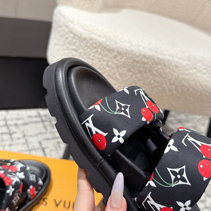 LV TWO-STRAP SLIDES 25S IN BLACK FABRIC AND CALFSKIN