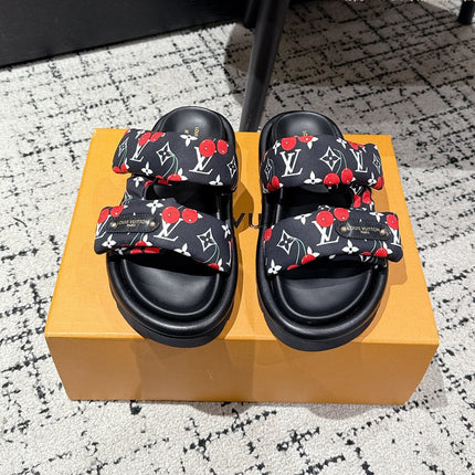 LV TWO-STRAP SLIDES 25S IN BLACK FABRIC AND CALFSKIN