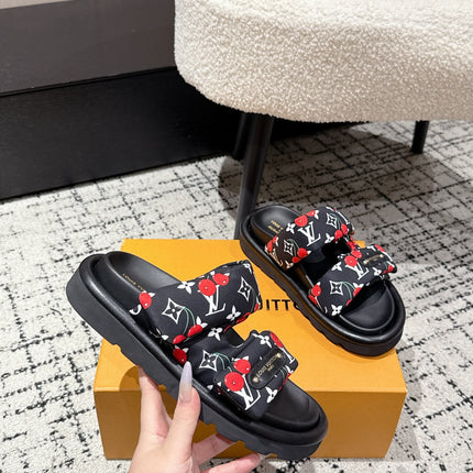 LV TWO-STRAP SLIDES 25S IN BLACK FABRIC AND CALFSKIN