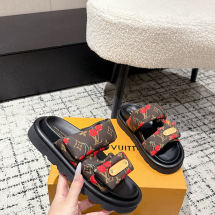 LV TWO-STRAP SLIDES 25S IN BROWN FABRIC AND BLACK CALFSKIN