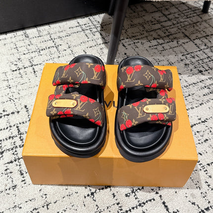 LV TWO-STRAP SLIDES 25S IN BROWN FABRIC AND BLACK CALFSKIN
