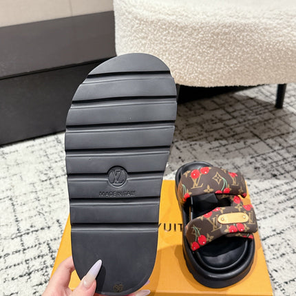 LV TWO-STRAP SLIDES 25S IN BROWN FABRIC AND BLACK CALFSKIN