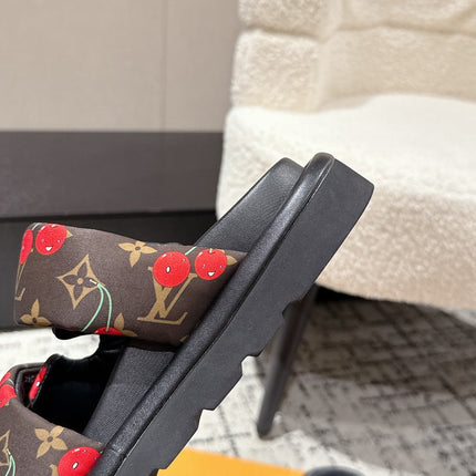 LV TWO-STRAP SLIDES 25S IN BROWN FABRIC AND BLACK CALFSKIN