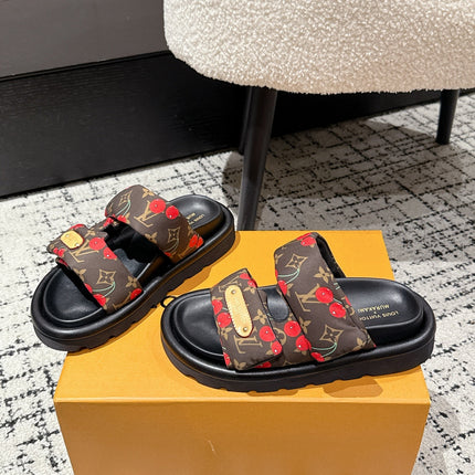 LV TWO-STRAP SLIDES 25S IN BROWN FABRIC AND BLACK CALFSKIN