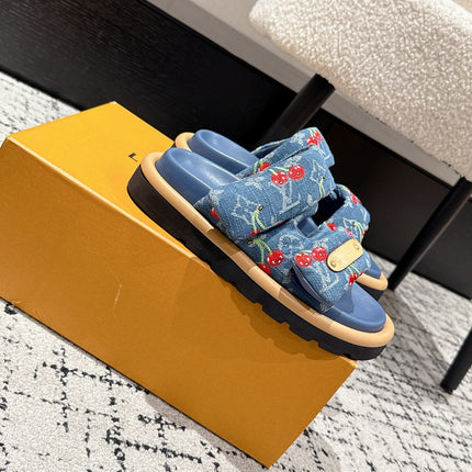 LV MIAMI DOUBLE-STRAP SANDALS 25S IN BLUE DENIM AND CALFSKIN