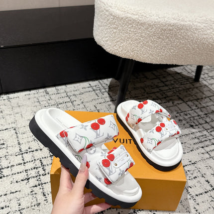 LV TWO-STRAP SLIDES 25S IN WHITE FABRIC AND CALFSKIN