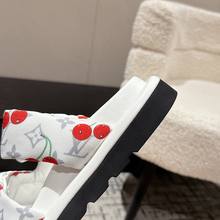 LV TWO-STRAP SLIDES 25S IN WHITE FABRIC AND CALFSKIN