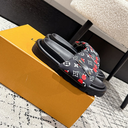 LV MIAMI-STYLE SANDALS 25S IN BLACK FABRIC AND CALFSKIN