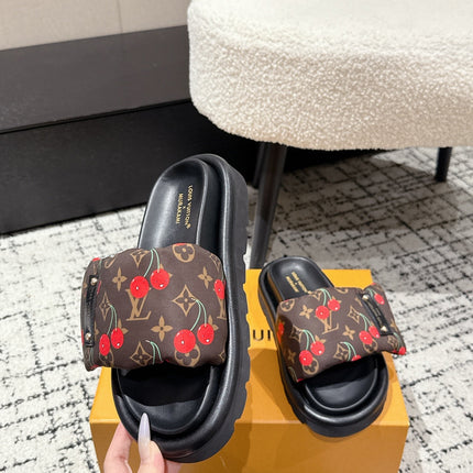 LV MIAMI-STYLE SANDALS 25S IN BROWN FABRIC AND BLACK CALFSKIN