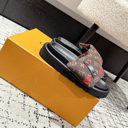 LV MIAMI-STYLE SANDALS 25S IN BROWN FABRIC AND BLACK CALFSKIN