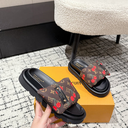 LV MIAMI-STYLE SANDALS 25S IN BROWN FABRIC AND BLACK CALFSKIN