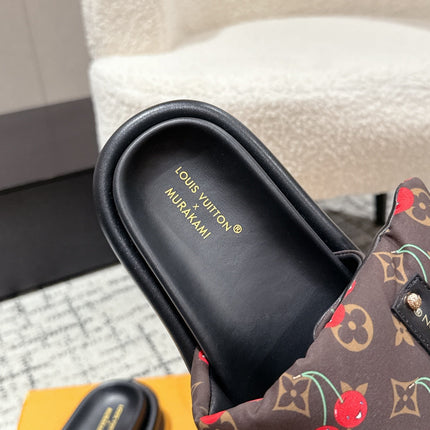 LV MIAMI-STYLE SANDALS 25S IN BROWN FABRIC AND BLACK CALFSKIN