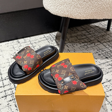 LV MIAMI-STYLE SANDALS 25S IN BROWN FABRIC AND BLACK CALFSKIN