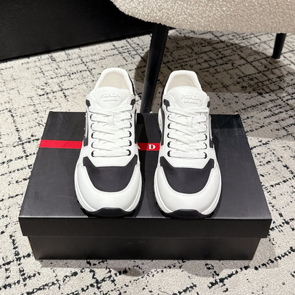 PRADA 25S MEN SNEAKERS LOGO IN WHITE AND BLACK NUBUCK AND CANVAS