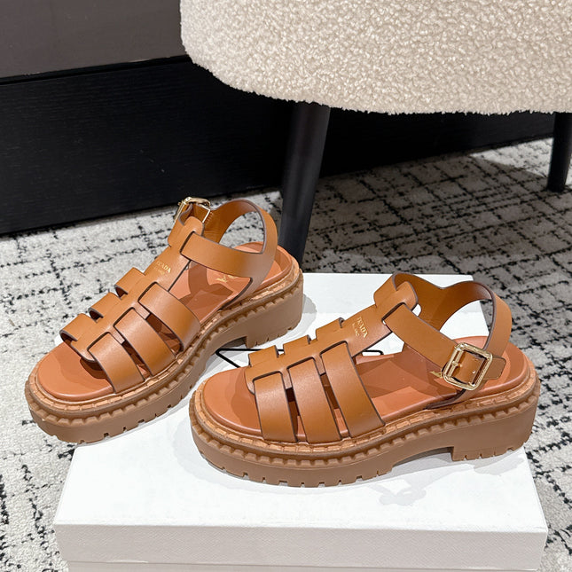 PRADA 25S FISHERMAN OPEN TOE SANDALS IN BURNT ORANGE CALFSKIN