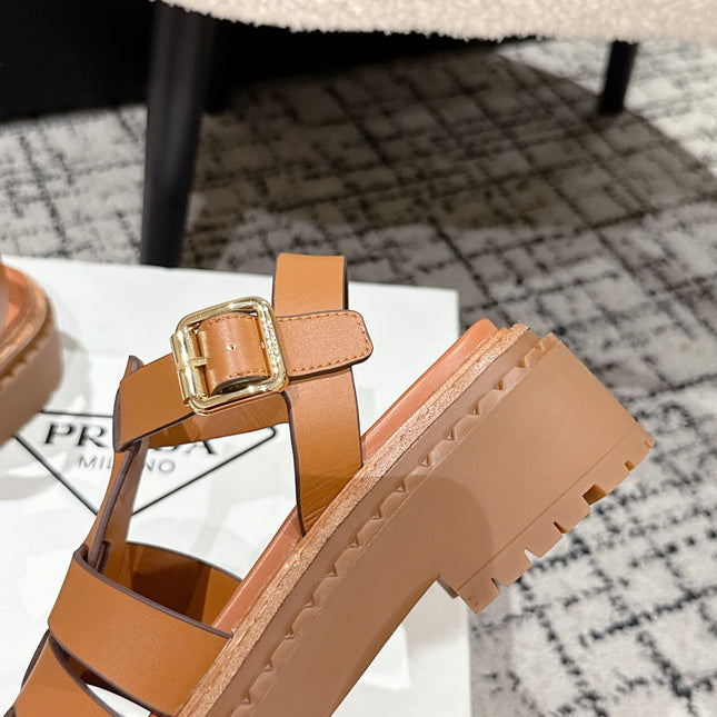 PRADA 25S FISHERMAN OPEN TOE SANDALS IN BURNT ORANGE CALFSKIN