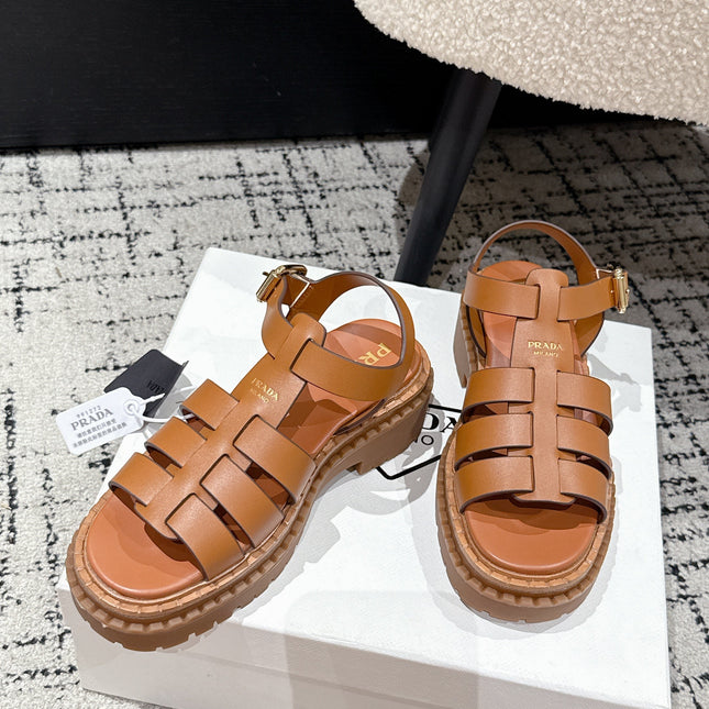 PRADA 25S FISHERMAN OPEN TOE SANDALS IN BURNT ORANGE CALFSKIN