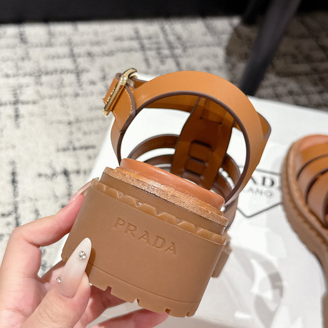 PRADA 25S FISHERMAN OPEN TOE SANDALS IN BURNT ORANGE CALFSKIN