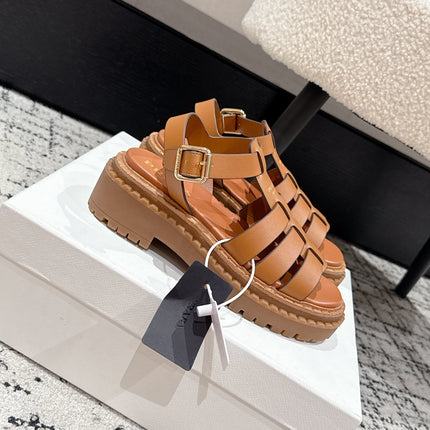 PRADA 25S FISHERMAN OPEN TOE SANDALS IN BURNT ORANGE CALFSKIN