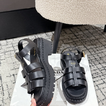 PRADA 25S FISHERMAN OPEN TOE SANDALS IN BLACK CALFSKIN