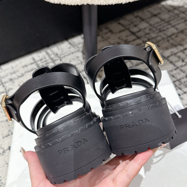 PRADA 25S FISHERMAN OPEN TOE SANDALS IN BLACK CALFSKIN