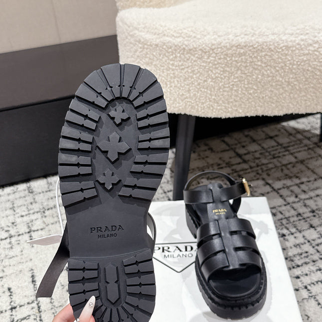 PRADA 25S FISHERMAN OPEN TOE SANDALS IN BLACK CALFSKIN